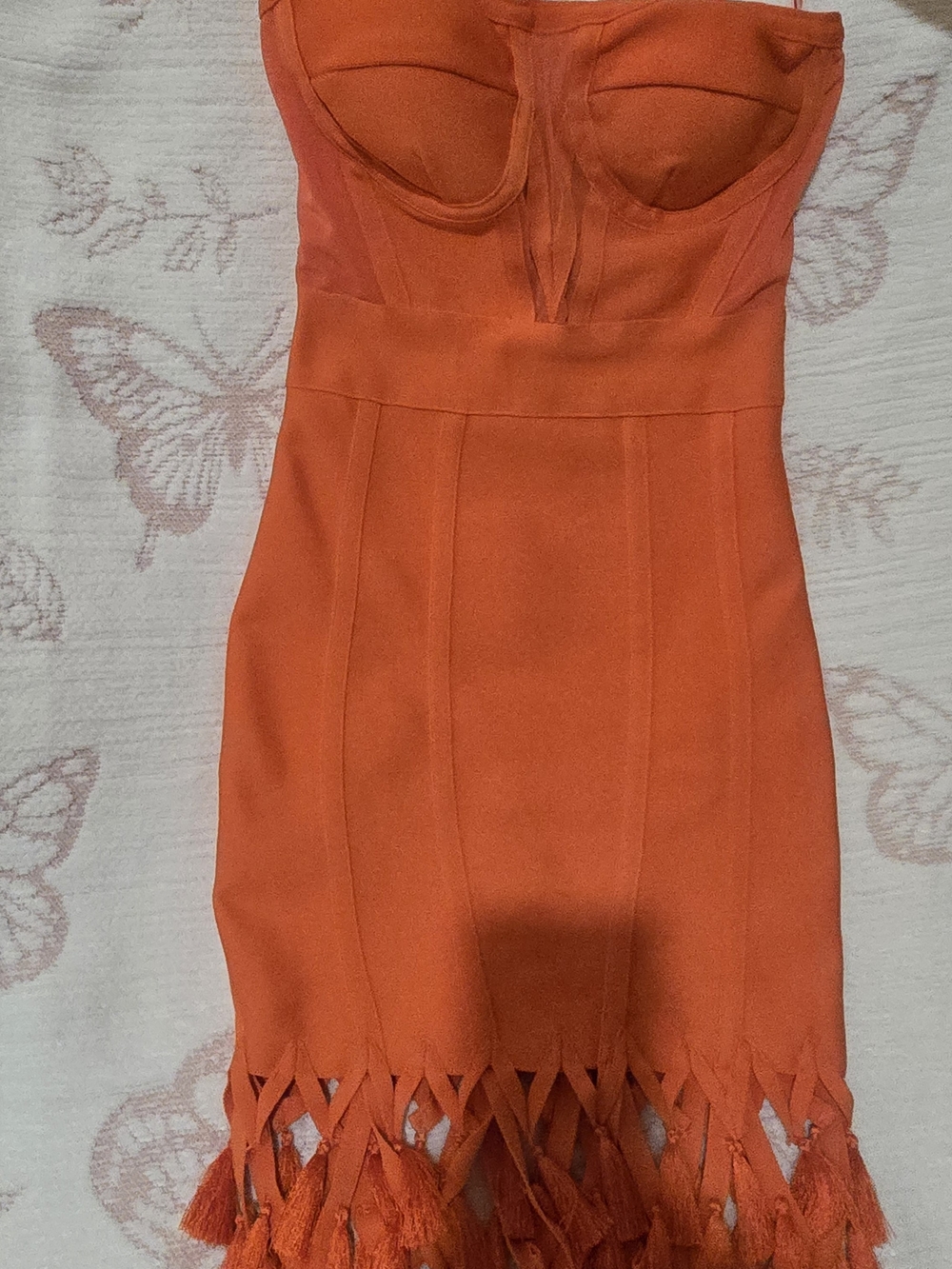 Fashion Nova Orange Strapless Tassel-Hem Bodycon Dress